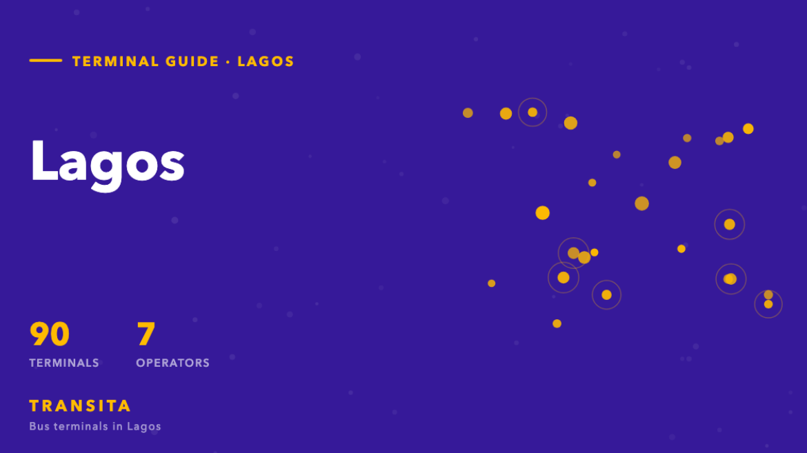 Map-pin graphic for Lagos, Lagos State, showing 90 bus terminals served by 7 operators.