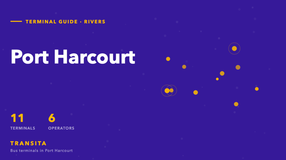 Map-pin graphic for Port Harcourt, Rivers State, showing 11 bus terminals served by 6 operators.