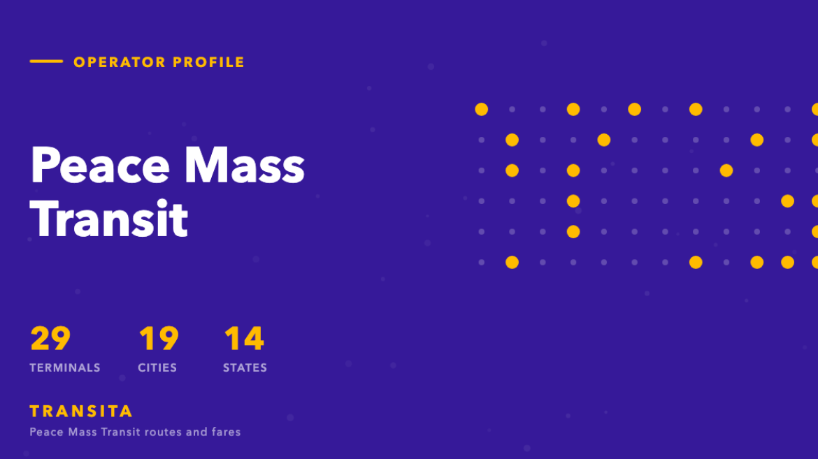 Network grid for Peace Mass Transit: 29 terminals across 19 of the 61 cities on the Transita index, in 14 states.