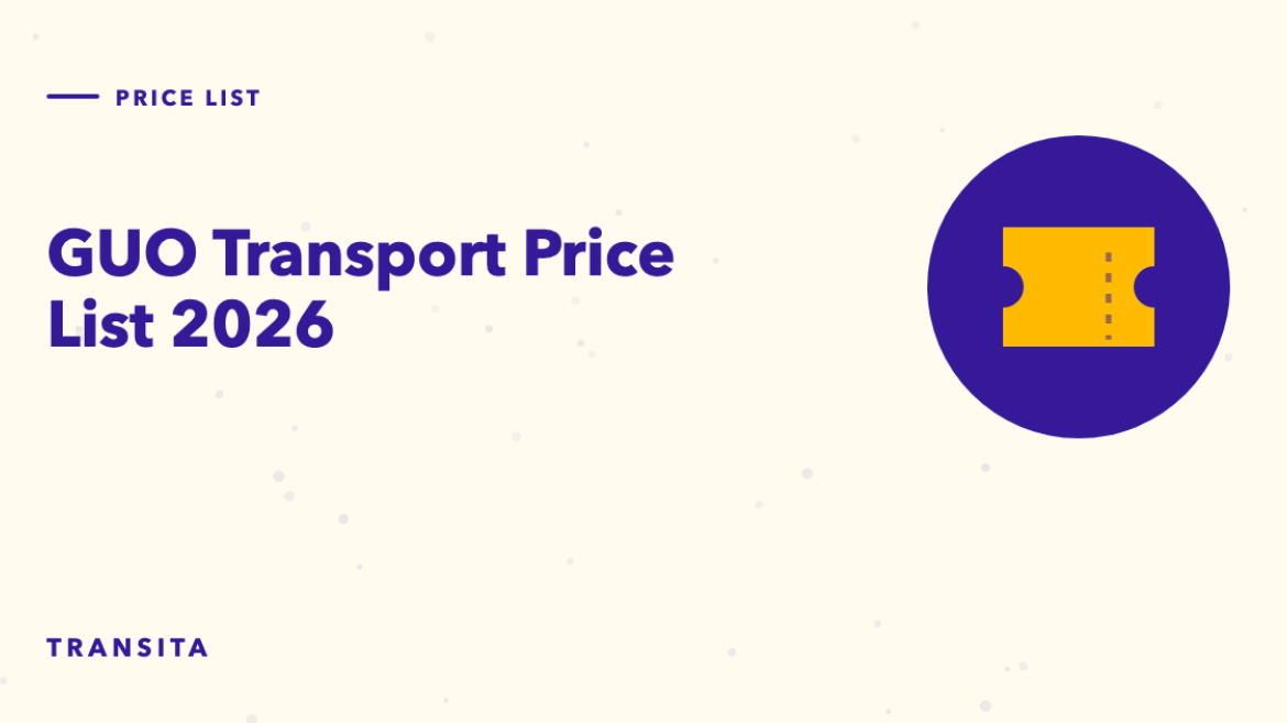 Illustrated guide cover with a bus ticket mark: GUO Transport Price List 2026.