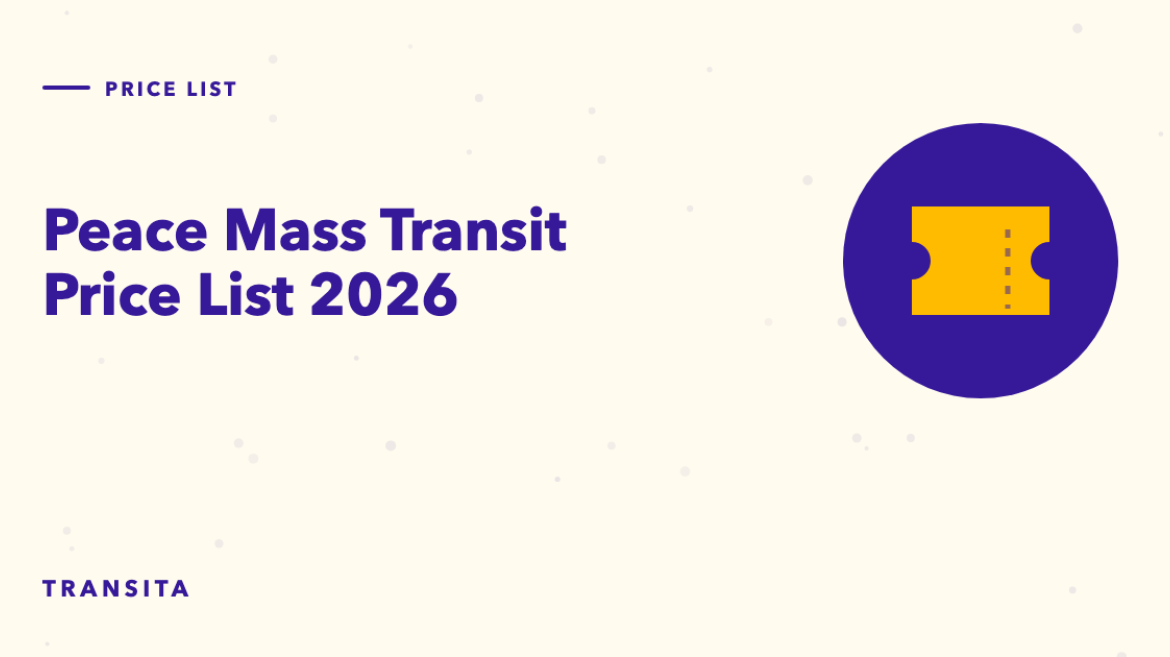 Illustrated guide cover with a bus ticket mark: Peace Mass Transit Price List 2026.