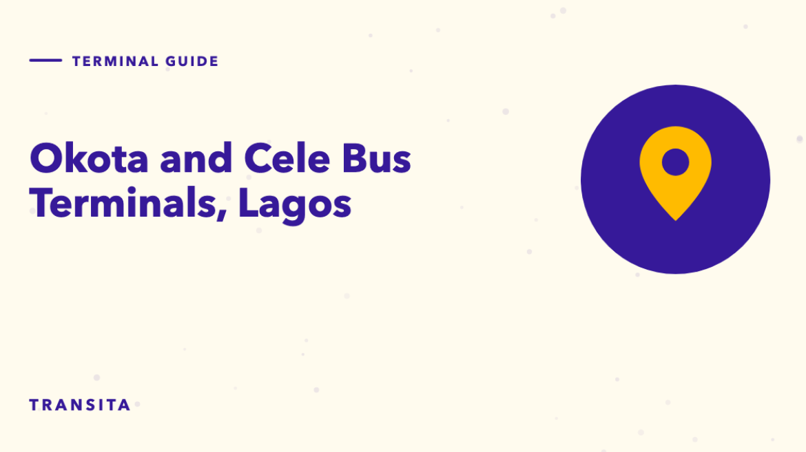 Illustrated guide cover with a map pin mark: Okota and Cele Bus Terminals, Lagos.