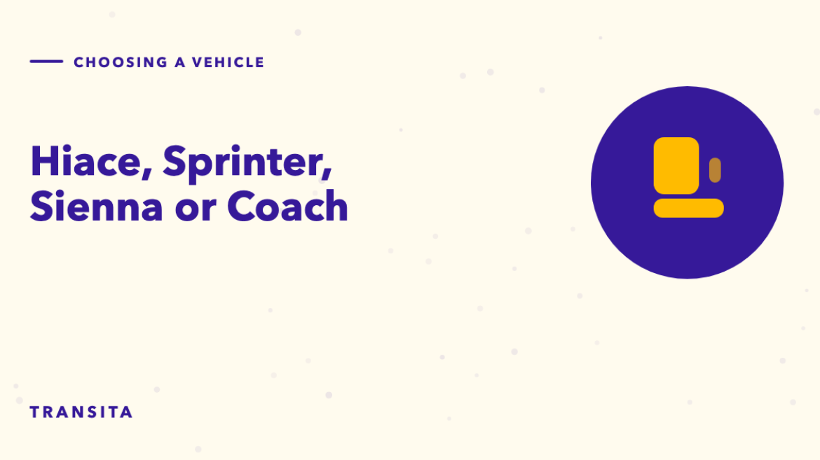 Illustrated guide cover with a bus seat mark: Hiace, Sprinter, Sienna or Coach.