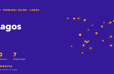 Map-pin graphic for Lagos, Lagos State, showing 90 bus terminals served by 7 operators.