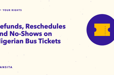 Illustrated guide cover with a torn bus ticket mark: Refunds, Reschedules and No-Shows on Nigerian Bus Tickets.